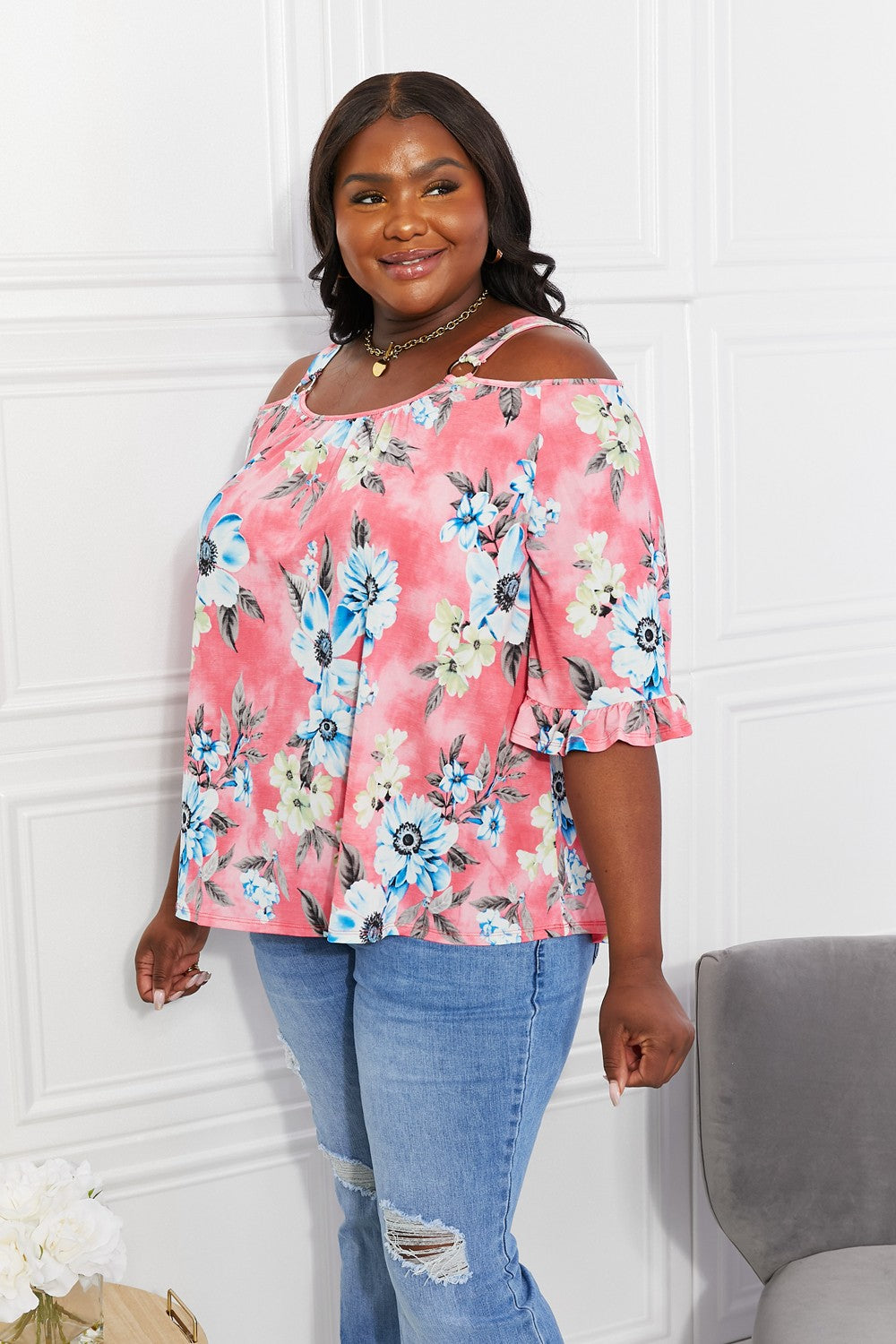 Sew In Love Full Size Fresh Take  Floral Cold-Shoulder Top Trendsi