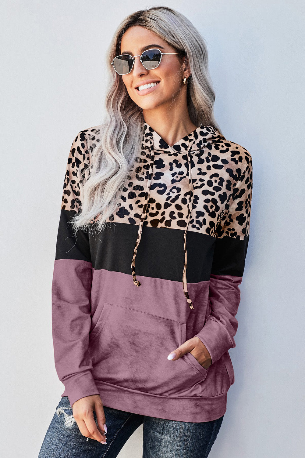 Leopard Color Block Hoodie Trendsi