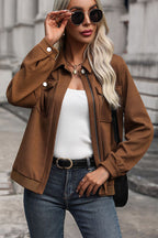 Textured Zip Up Collared Neck Jacket Trendsi