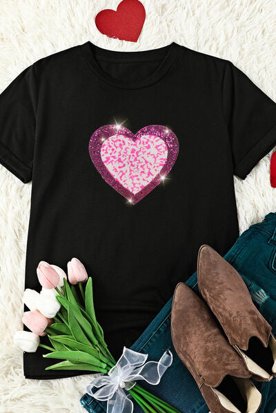 Heart Sequin Round Neck Short Sleeve T-Shirt Trendsi