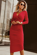 Ruched Surplice Long Sleeve Midi Dress Trendsi