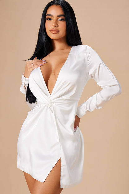 Ruched split sexy long sleeve mini dress aclosy