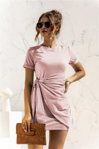 Round Neck Cuffed Sleeve Side Tie Dress Trendsi