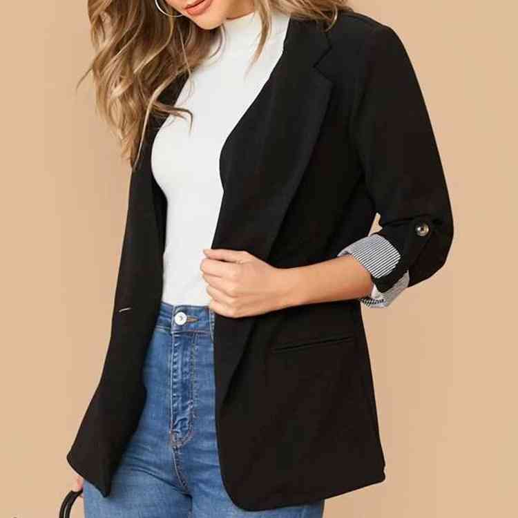 Lapel Collar Roll-Tab Sleeve Blazer Trendsi