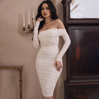 ALYIA IVORY TULLE OFF SHOULDER RUCHED DRESS aclosy