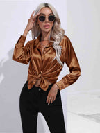 Collared Neck Buttoned Long Sleeve Shirt Trendsi