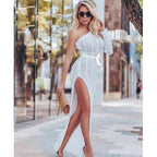Openwork One-Shoulder Belted Split Dress-White aclosy