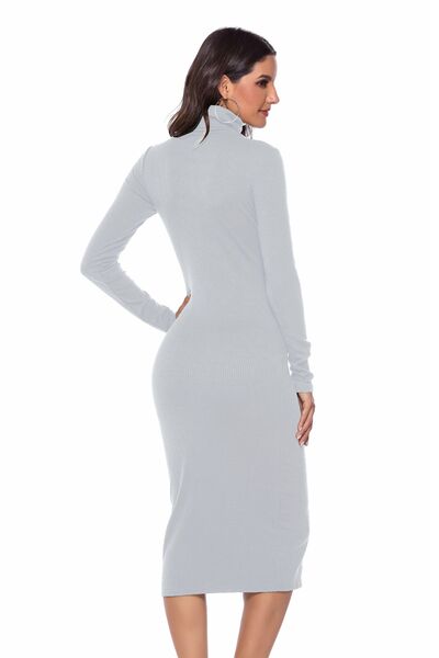 Ribbed Turtleneck Long Sleeve Dress Trendsi