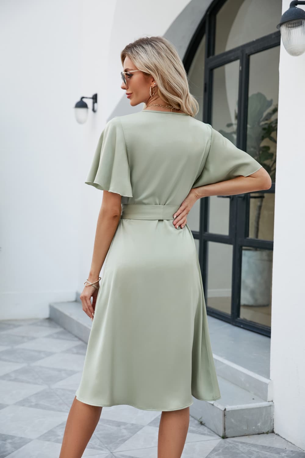 Tie Waist Flutter Sleeve Surplice Dress Trendsi