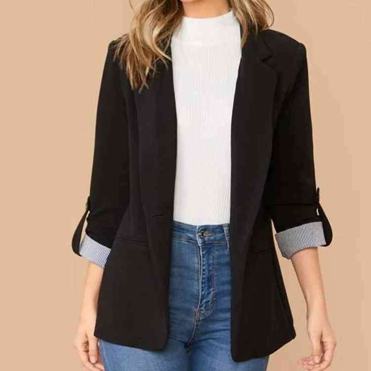 Lapel Collar Roll-Tab Sleeve Blazer Trendsi