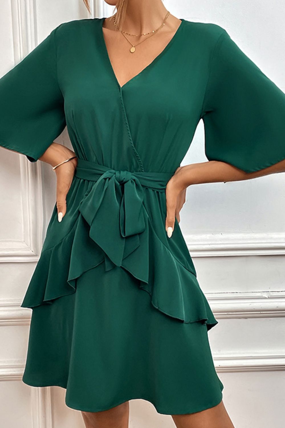 Tie Belt Surplice Neck Ruffled Dress Trendsi