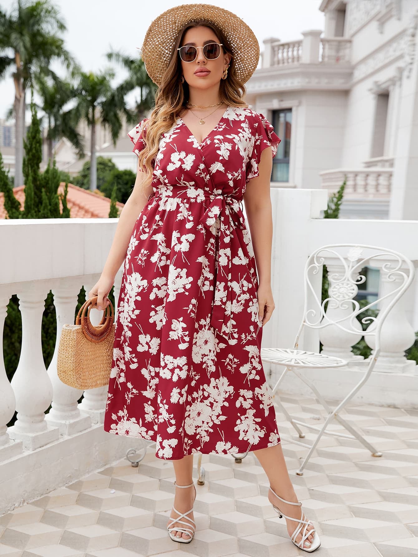 Plus Size Floral Tie Waist Surplice Neck Midi Dress Trendsi