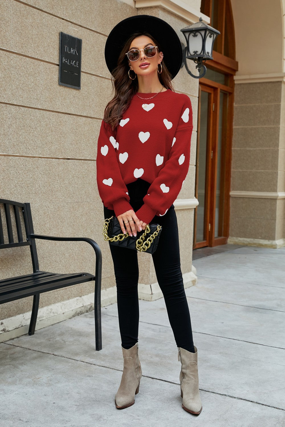 Heart Pattern Lantern Sleeve Round Neck Tunic Sweater Trendsi