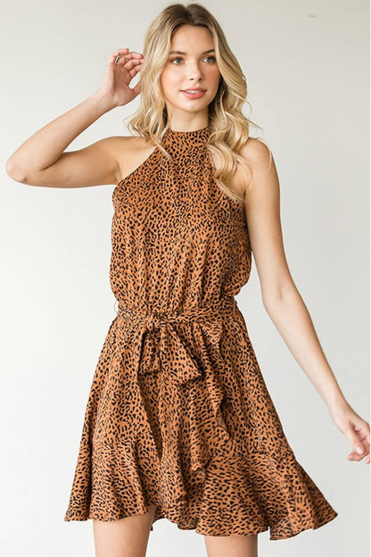 First Love Full Size Leopard Belted Sleeveless Dress Trendsi