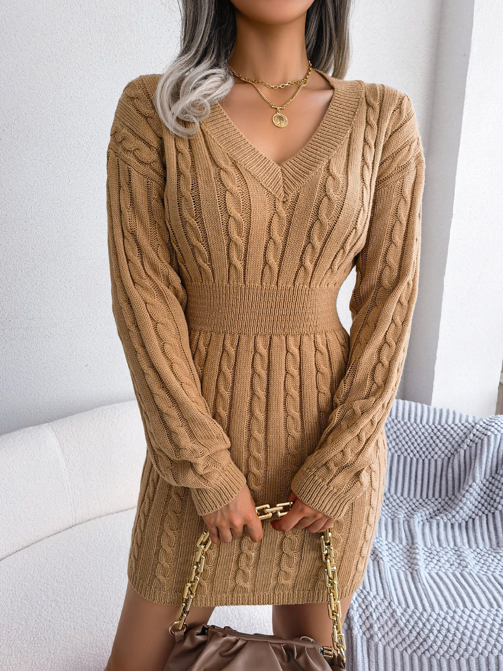 Cable-Knit V-Neck Mini Sweater Dress Trendsi