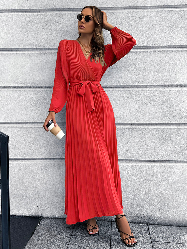 V-Neck Tie Waist Pleated Maxi Dress Trendsi