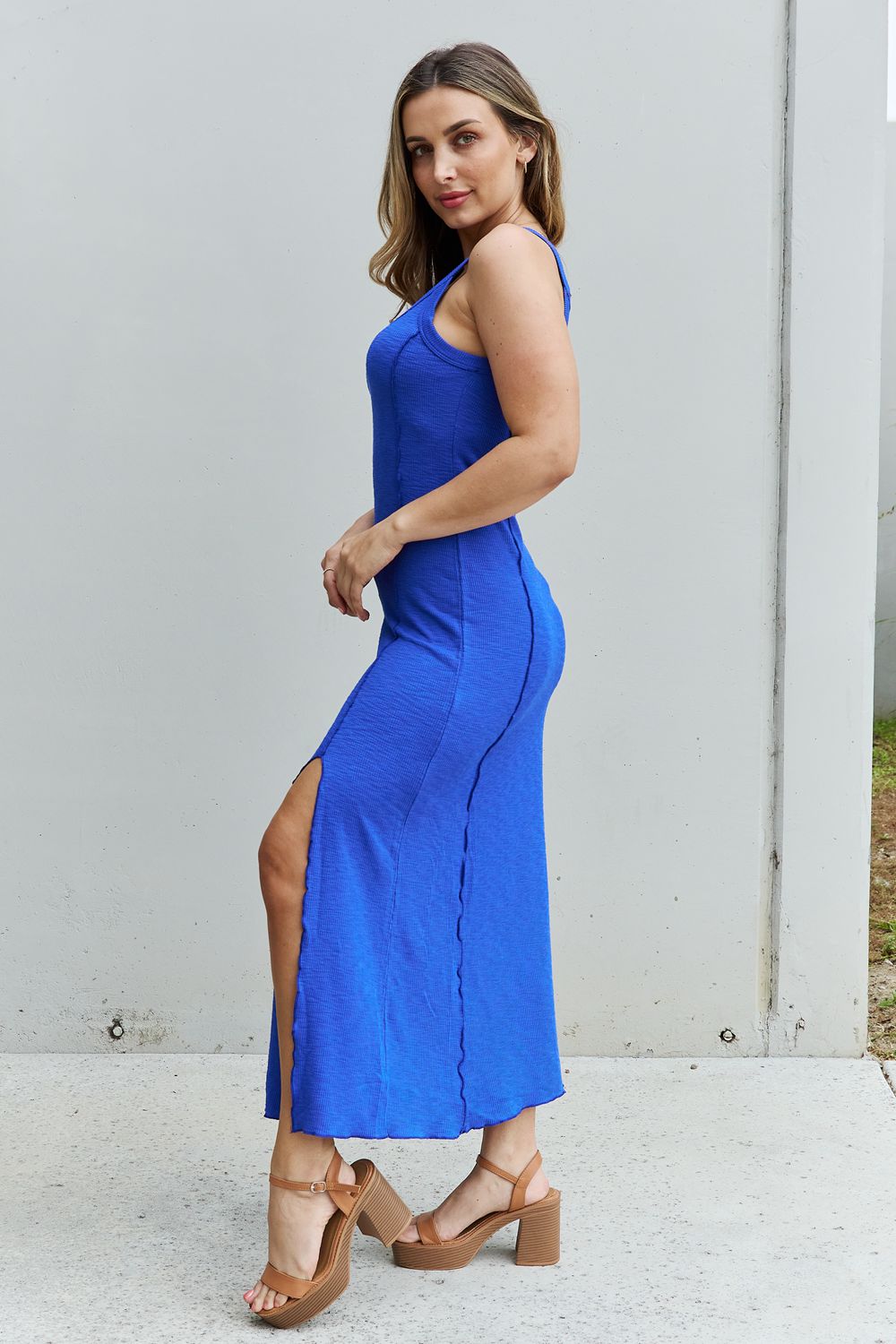 Culture Code Look At Me Full Size Notch Neck Maxi Dress with Slit in Cobalt Blue Trendsi