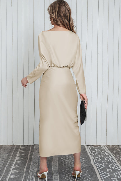 Boat Neck Long Sleeve Twisted Midi Dress Trendsi