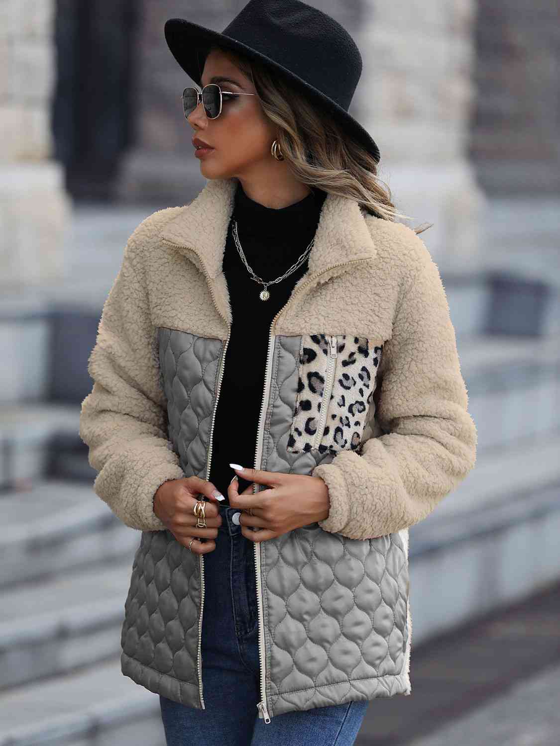 Leopard Color Block Zip-Up Jacket Trendsi