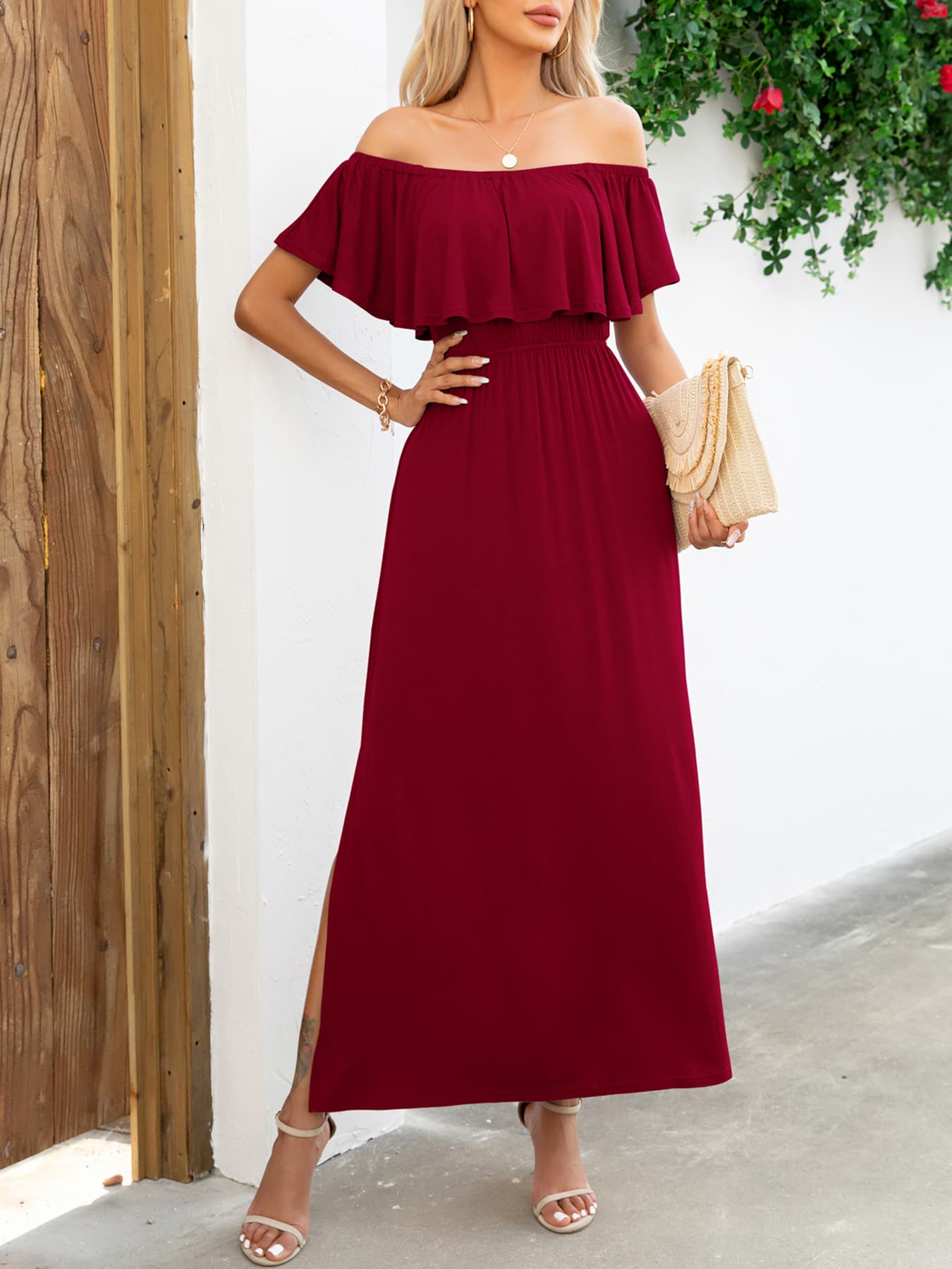 Off-Shoulder Slit Maxi Dress Trendsi