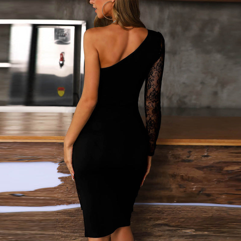 Lace Panel One Shoulder Classic Black Dress aclosy