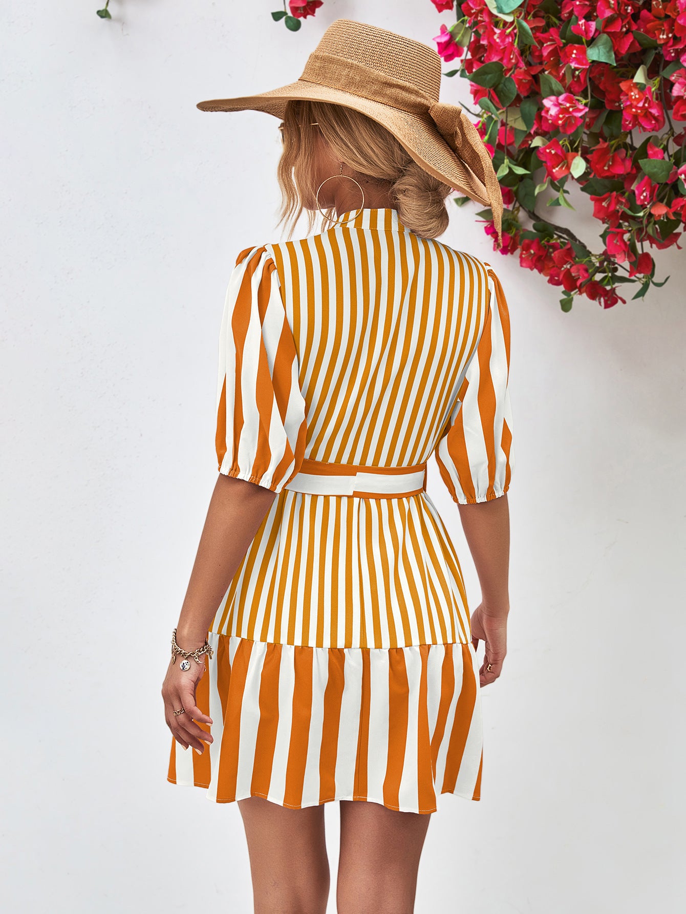 Striped Half Sleeve Tie Waist Mini Dress Trendsi