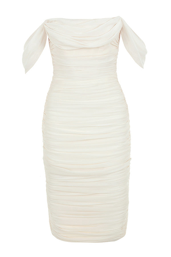 Lemily Ruched Draped Chiffon Dress-White Aclosy