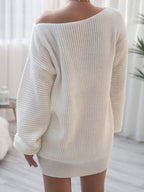 Rib-Knit Balloon Sleeve Boat Neck Sweater Dress Trendsi