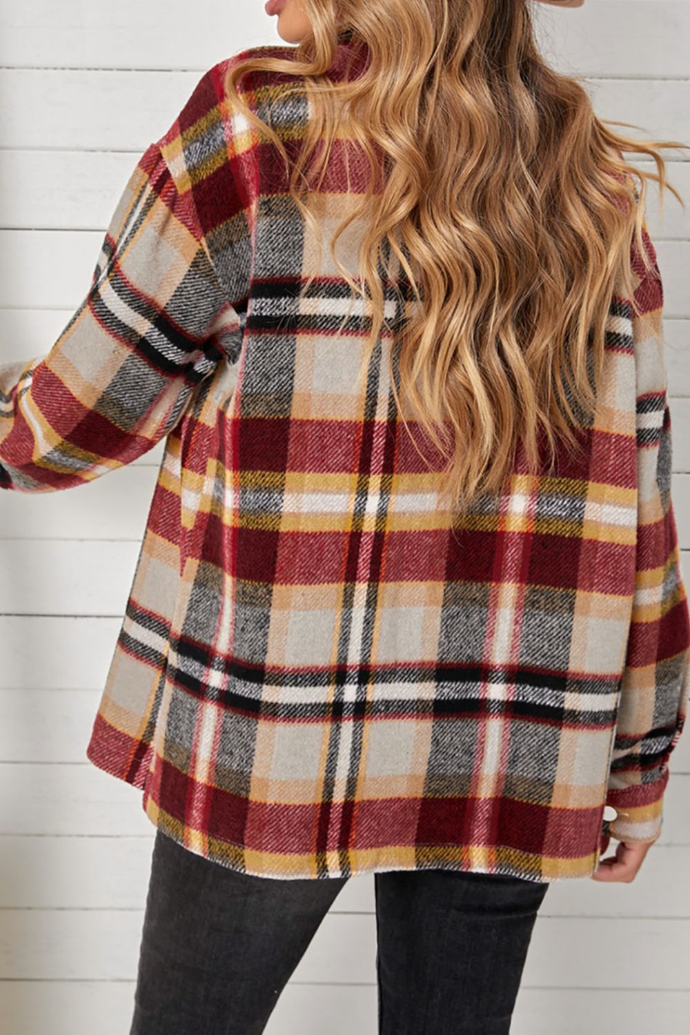 Plaid Pocketed Button Down Shacket Trendsi