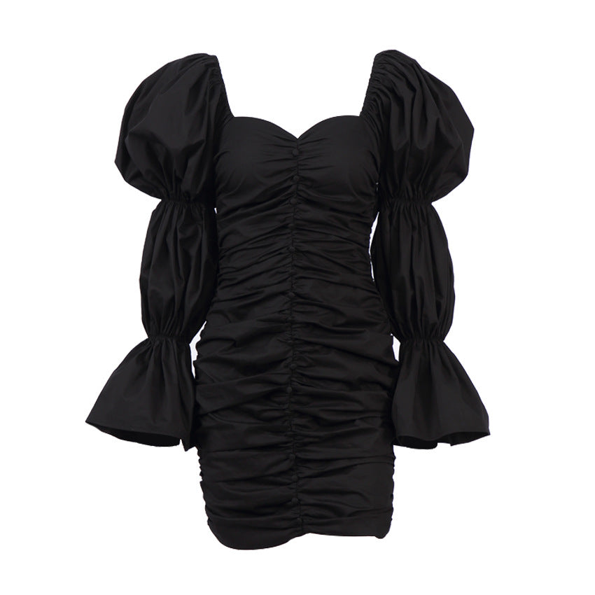 Black Puff Sleeve Chic Designer Dress Aclosy+