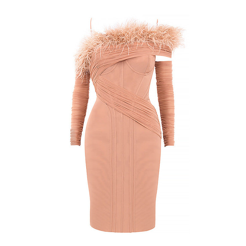 Mesh Feather Slanted Shoulder Dress-Pink aclosy