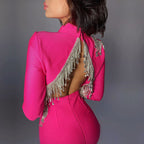 Backless Fringed Diamond Bandage Dress aclosy