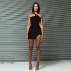 Sleeveless One-shoulder Sloping  Dress-Split Ends aclosy