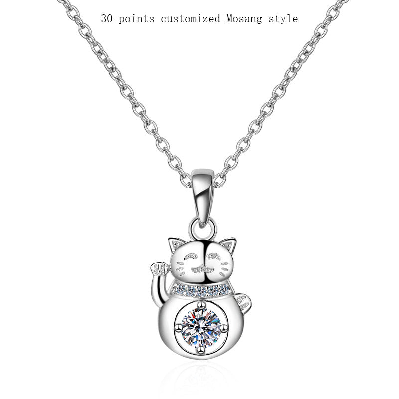 S925 Sterling Silver Moissanite Lucky Cat Necklace Aclosy