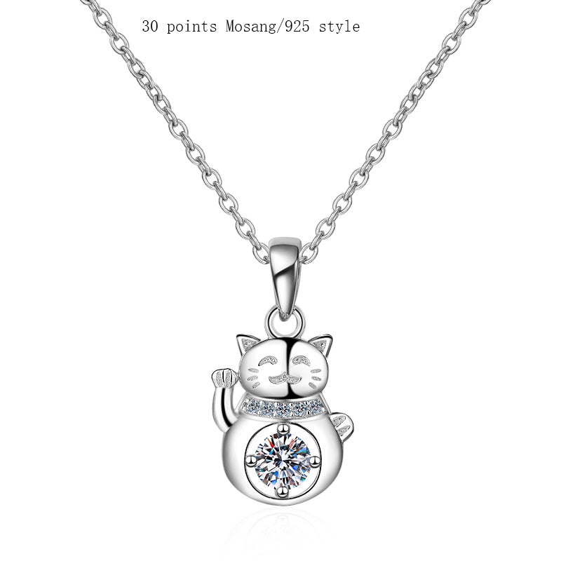 S925 Sterling Silver Moissanite Lucky Cat Necklace Aclosy
