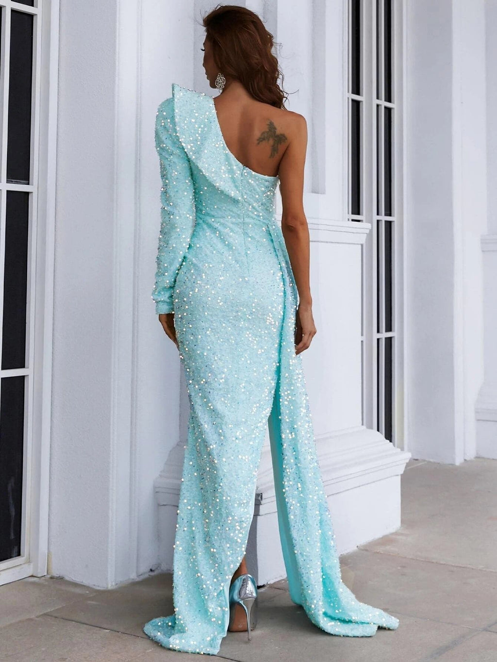 New Temperament Long Sleeved Party Split Evening Dress aclosy