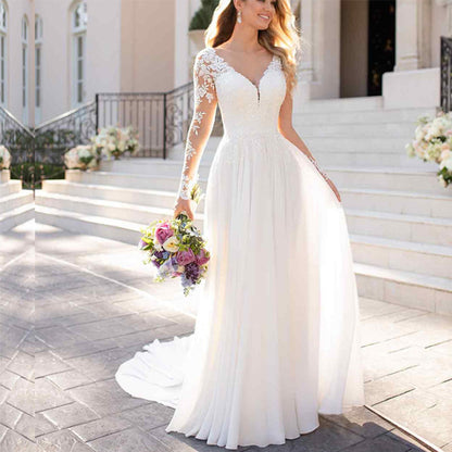Sexy Backless Deep V-neck Wedding Dress Women White Evening Dress aclosy