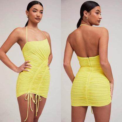 Solid Color Pleated Halterneck Sexy Skinny Mini Dress aclosy