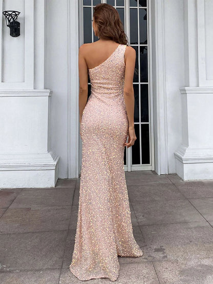 Chic Oblique Shoulder Sequin Dress-Pink aclosy