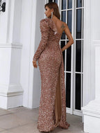 New Temperament Long Sleeved Party Split Evening Dress aclosy