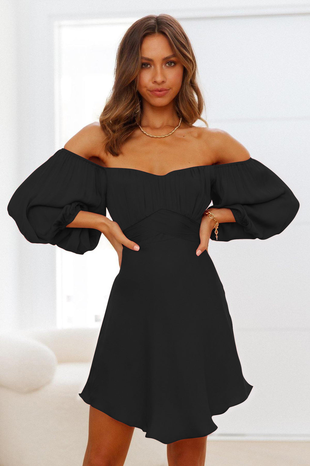 Feminine One Line Collar Lantern Sleeve Dress ACLOSY