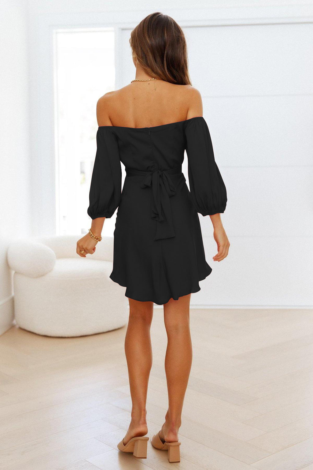 Feminine One Line Collar Lantern Sleeve Dress ACLOSY