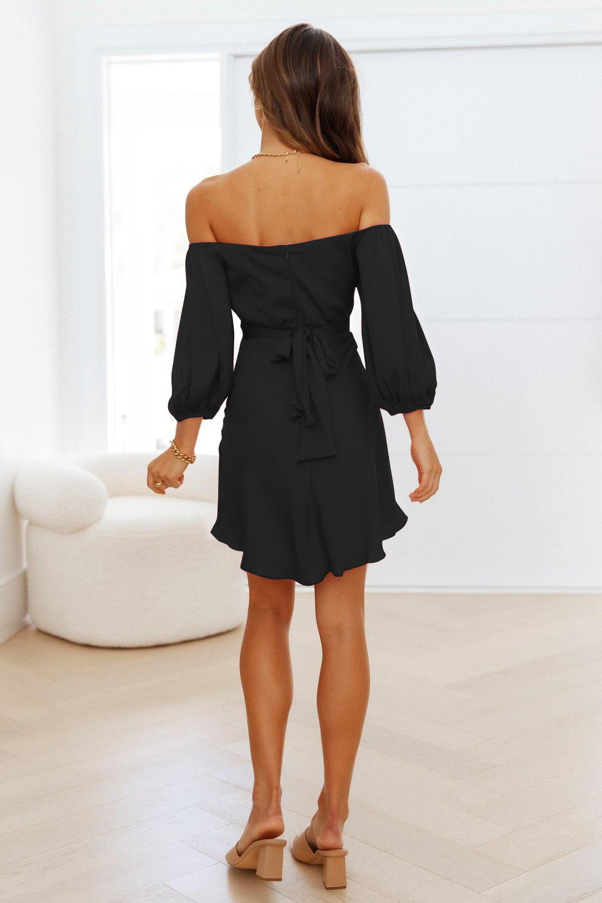 Feminine One Line Collar Lantern Sleeve Dress ACLOSY