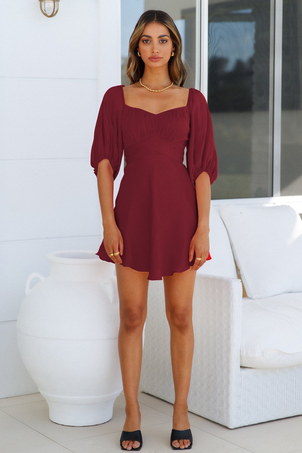 Feminine One Line Collar Lantern Sleeve Dress ACLOSY