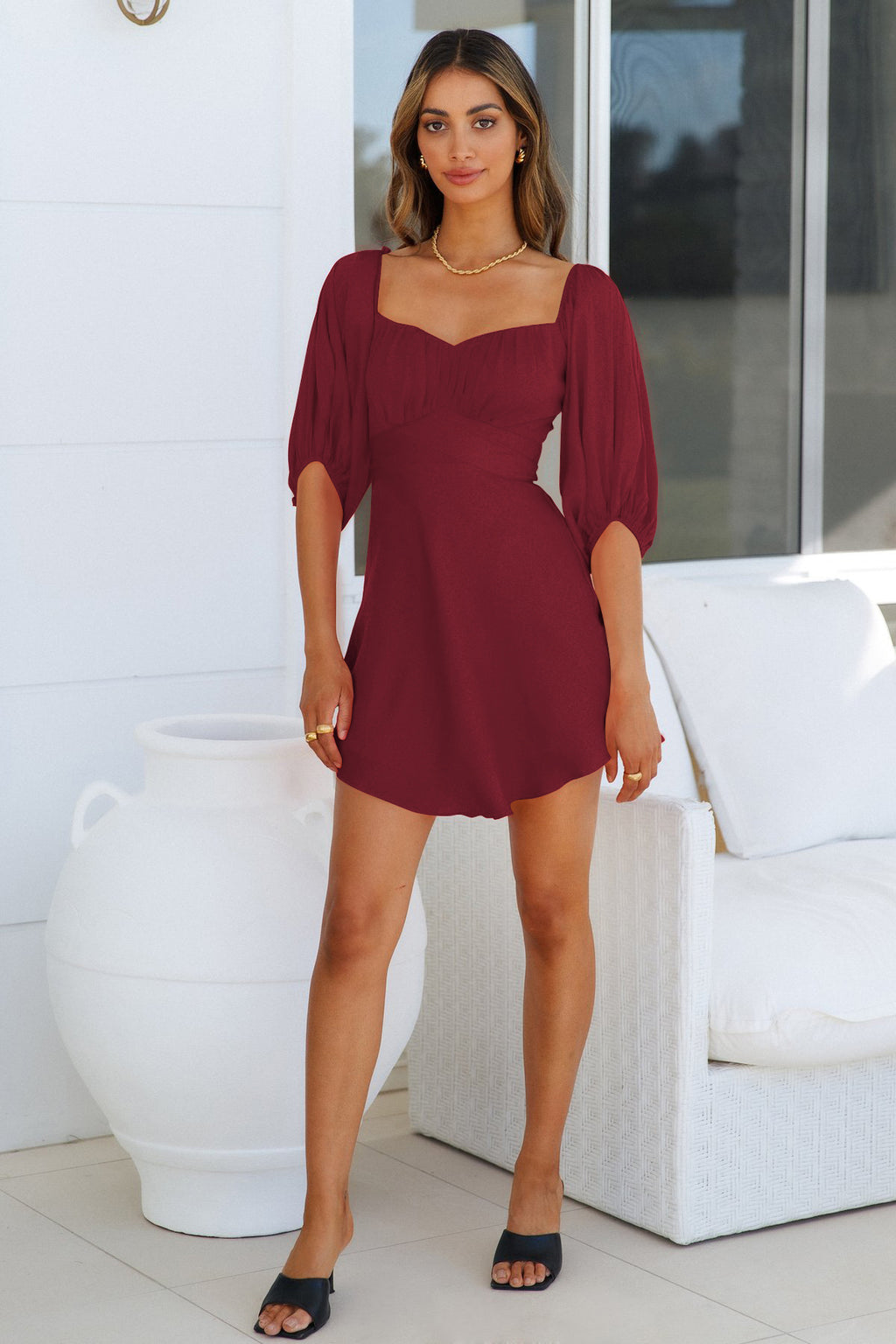 Feminine One Line Collar Lantern Sleeve Dress ACLOSY