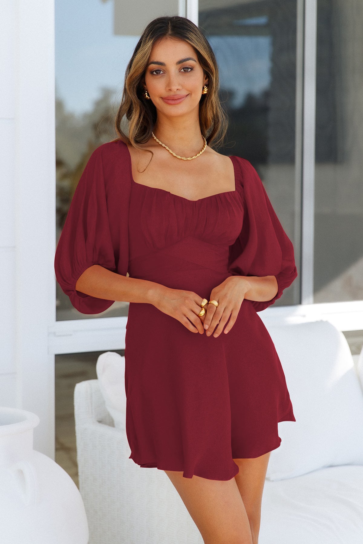 Feminine One Line Collar Lantern Sleeve Dress ACLOSY