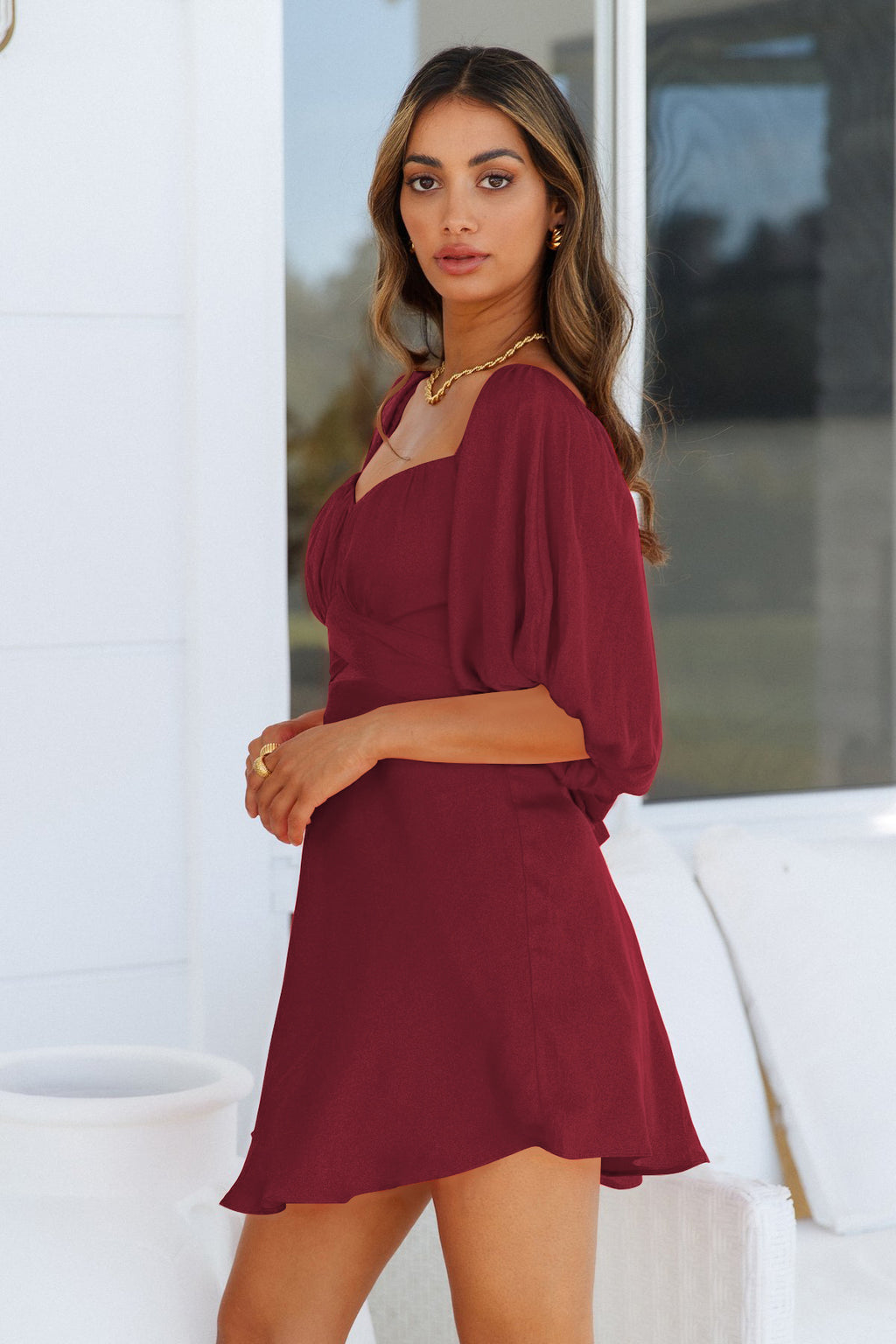 Feminine One Line Collar Lantern Sleeve Dress ACLOSY