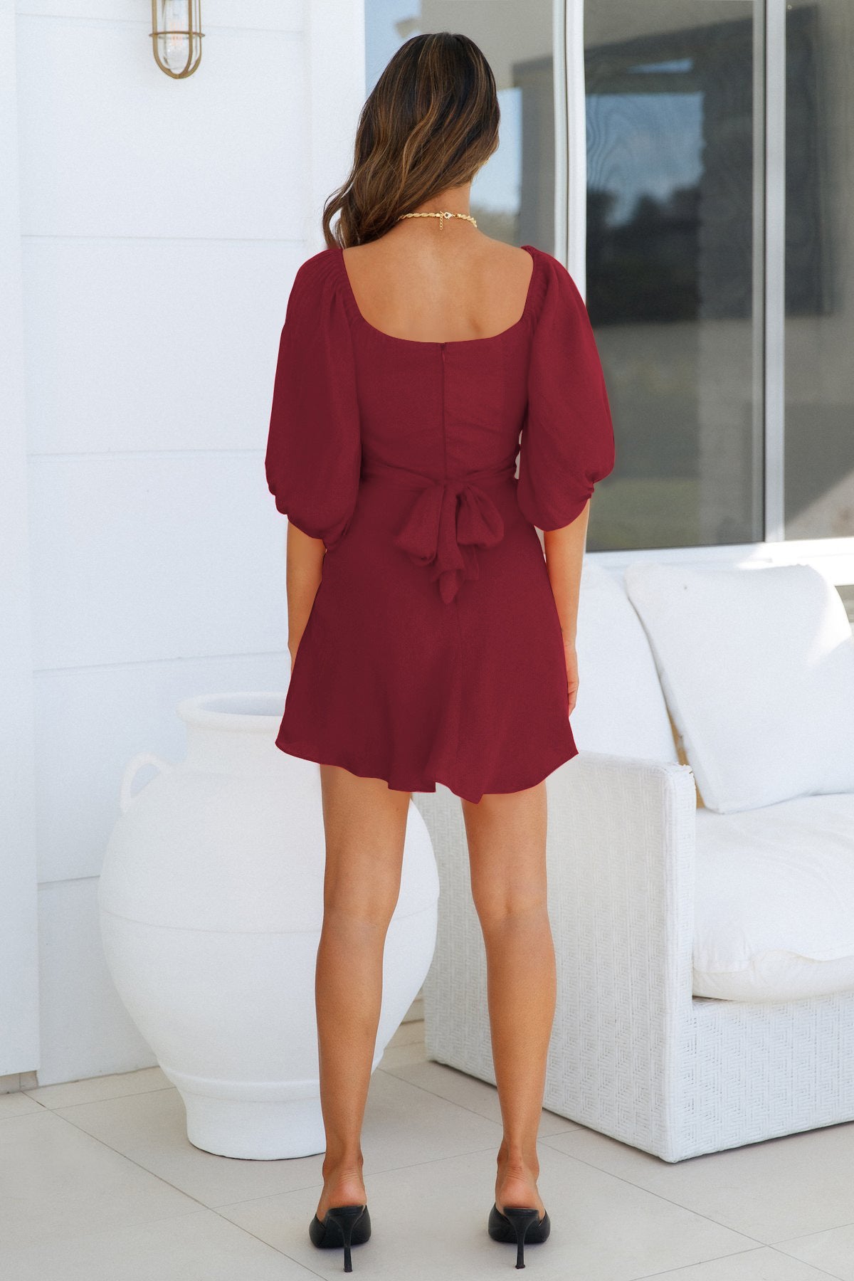 Feminine One Line Collar Lantern Sleeve Dress ACLOSY