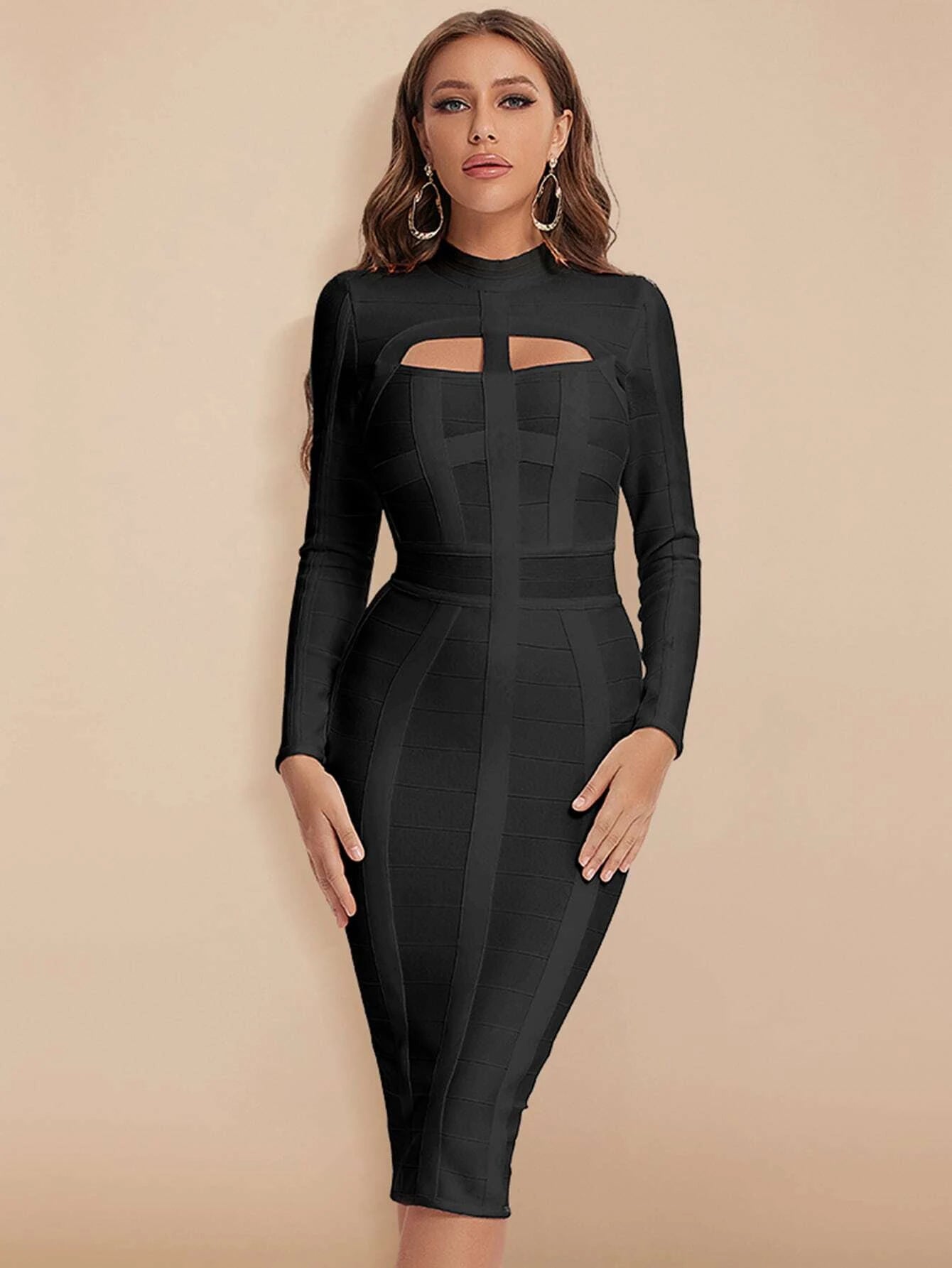 Cut-Out Long Sleeves Party Bandage Clubwear Midi Dress aclosy