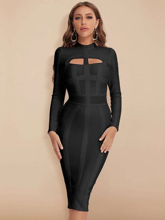 Cut-Out Long Sleeves Party Bandage Clubwear Midi Dress-Black aclosy